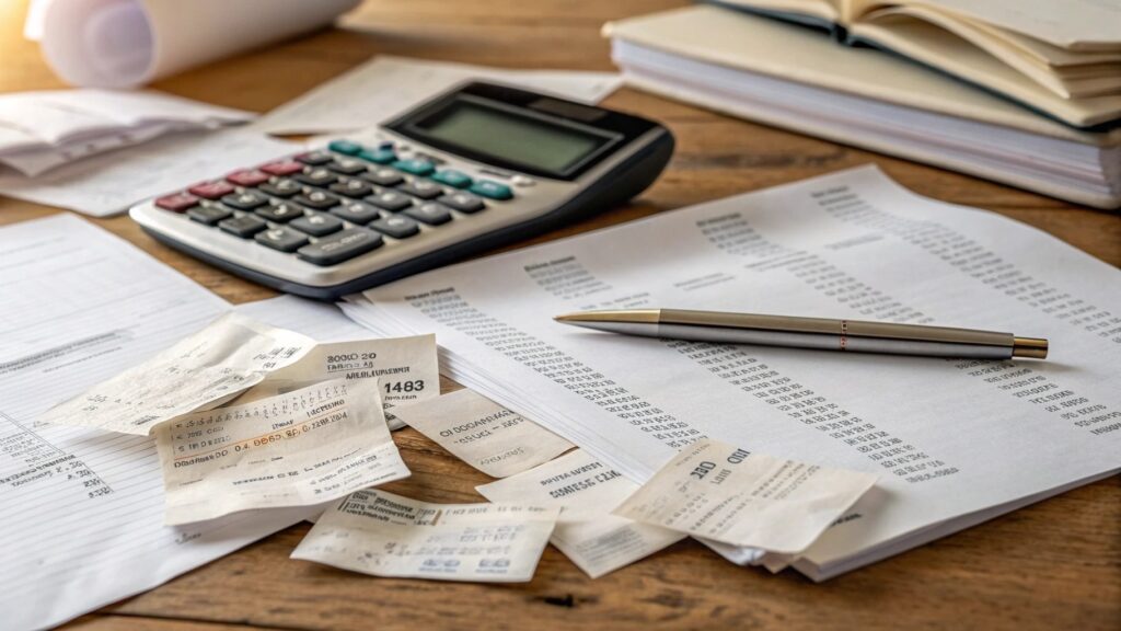 Notes de frais papier, reçus, calculatrice et stylo sur un bureau : illustration de la gestion administrative dans une association sportive.