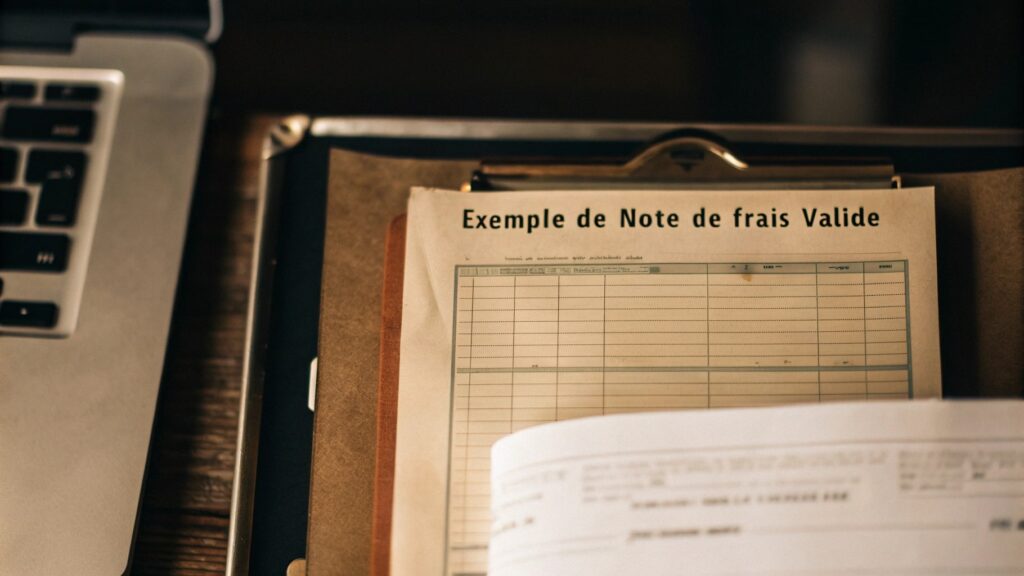 Exemple de note de frais valide posée sur un bureau, à côté d’un ordinateur portable : illustration des documents nécessaires pour les remboursements en association.