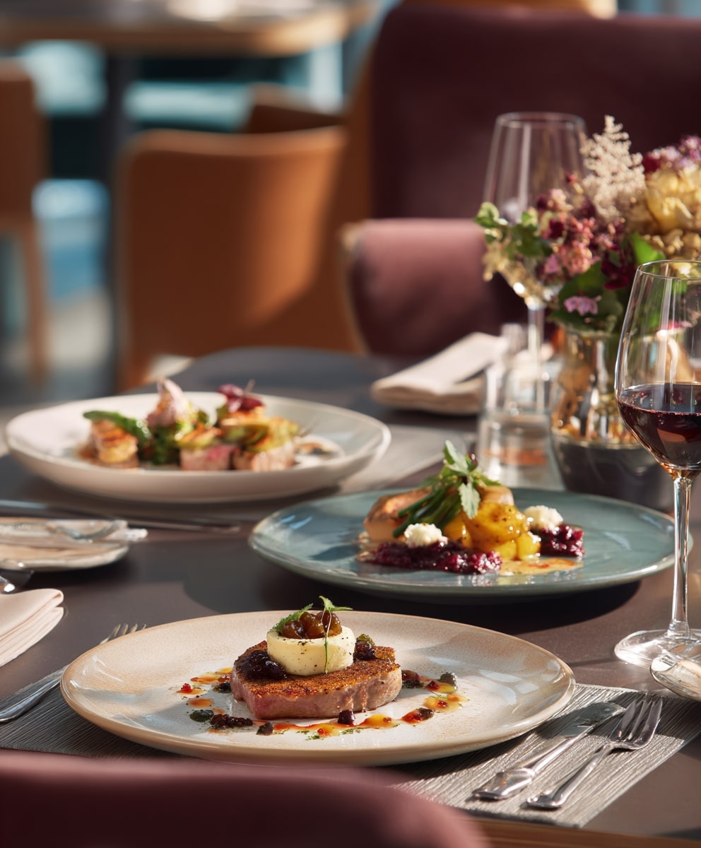 Photo réseaux sociaux d’un restaurant français moderne avec plats soignés et ambiance digitale.