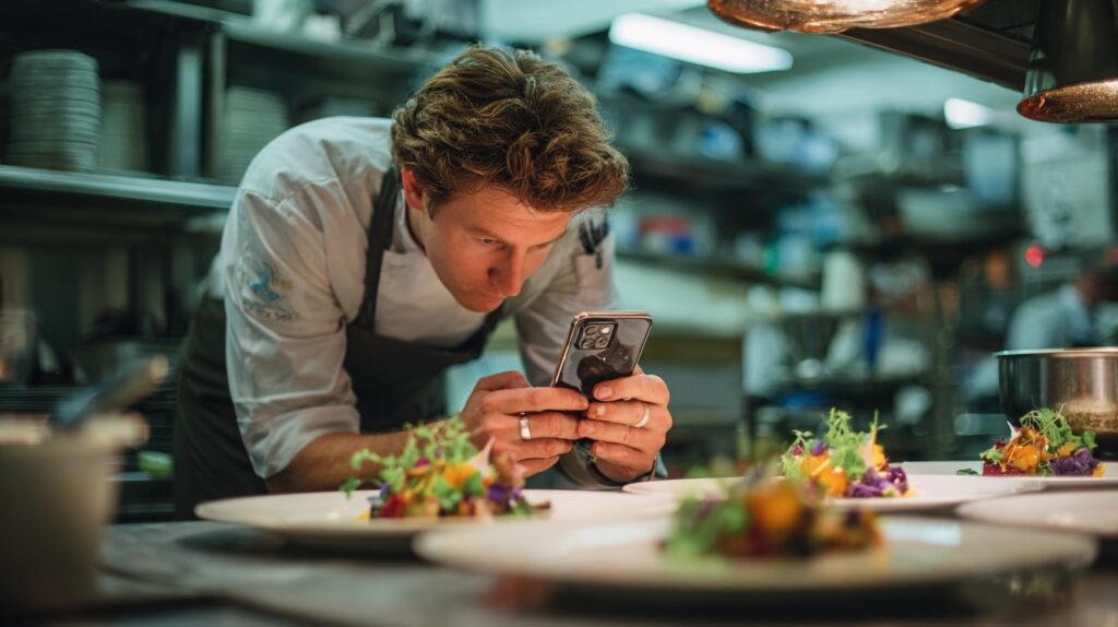 Chef de restaurant en cuisine prenant une photo de son plat pour les réseaux sociaux.