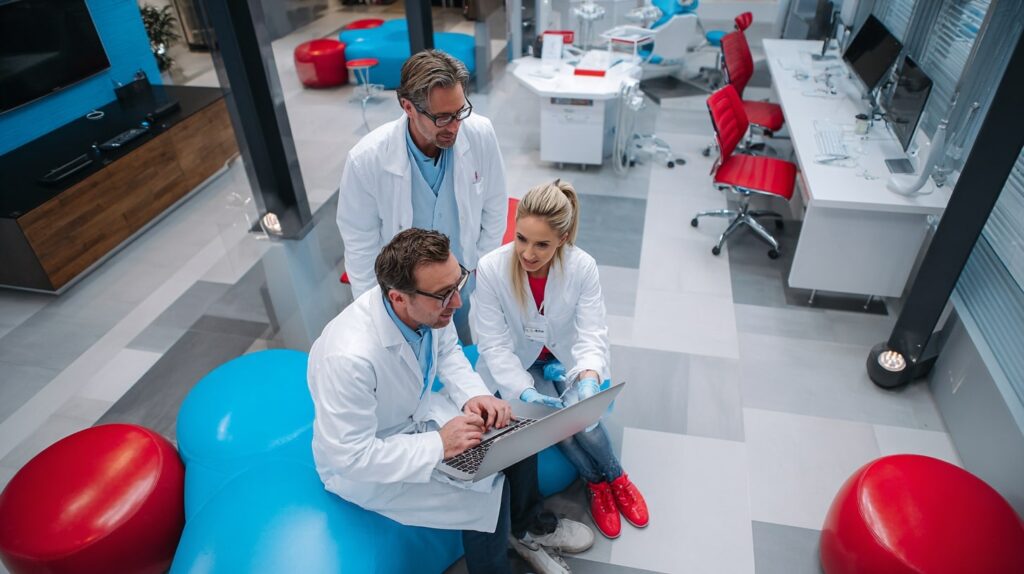 Équipe dentaire examinant une liste de conformité des dispositifs médicaux
