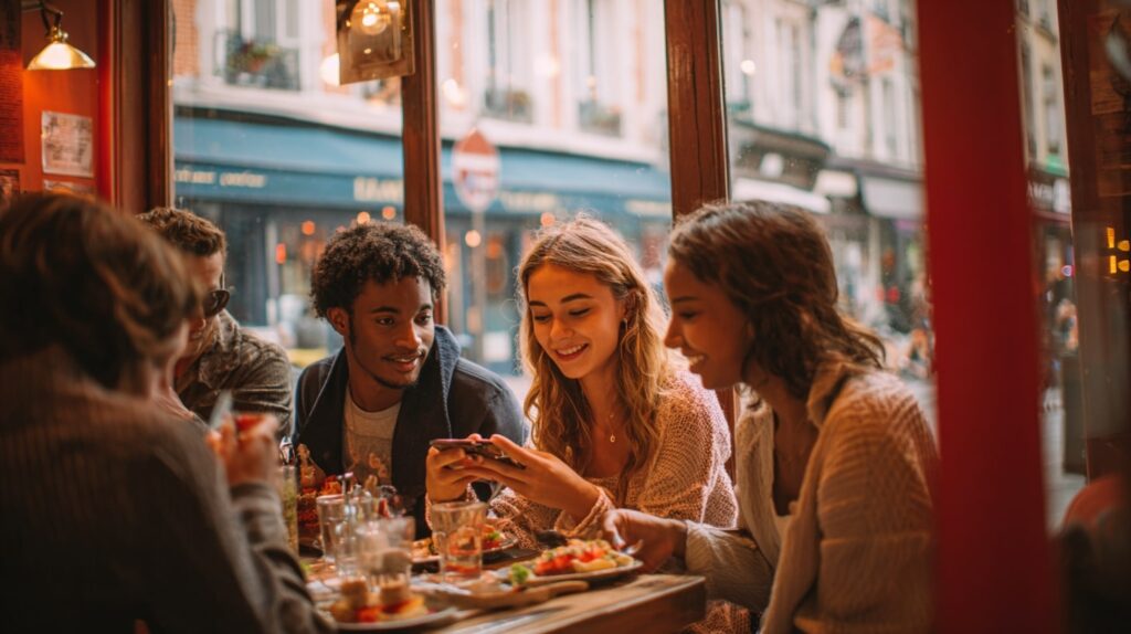 Clients partageant un repas et prenant des photos pour Instagram dans un bistrot français