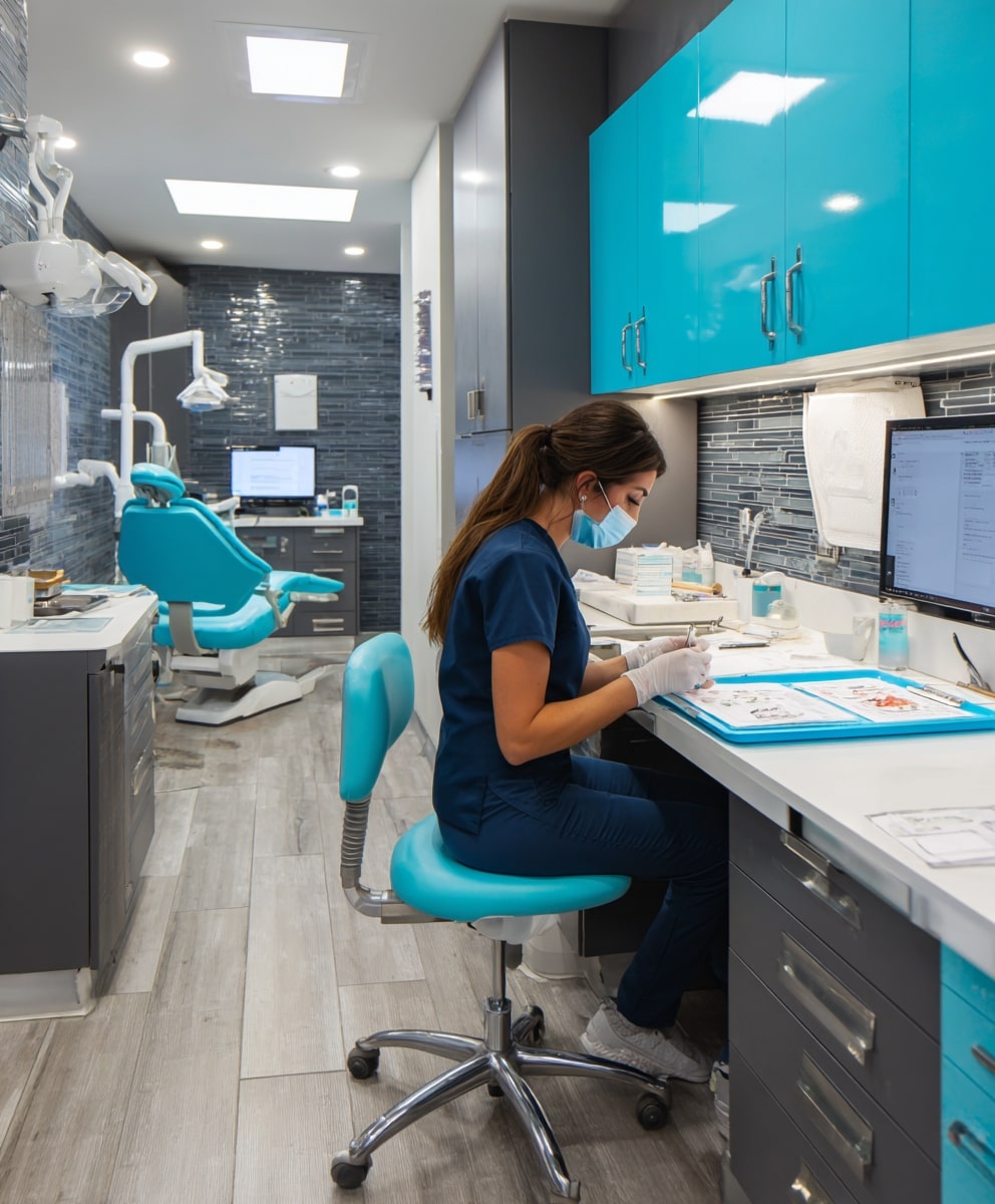Chirurgien-dentiste vérifiant des dispositifs médicaux dentaires dans un cabinet moderne
