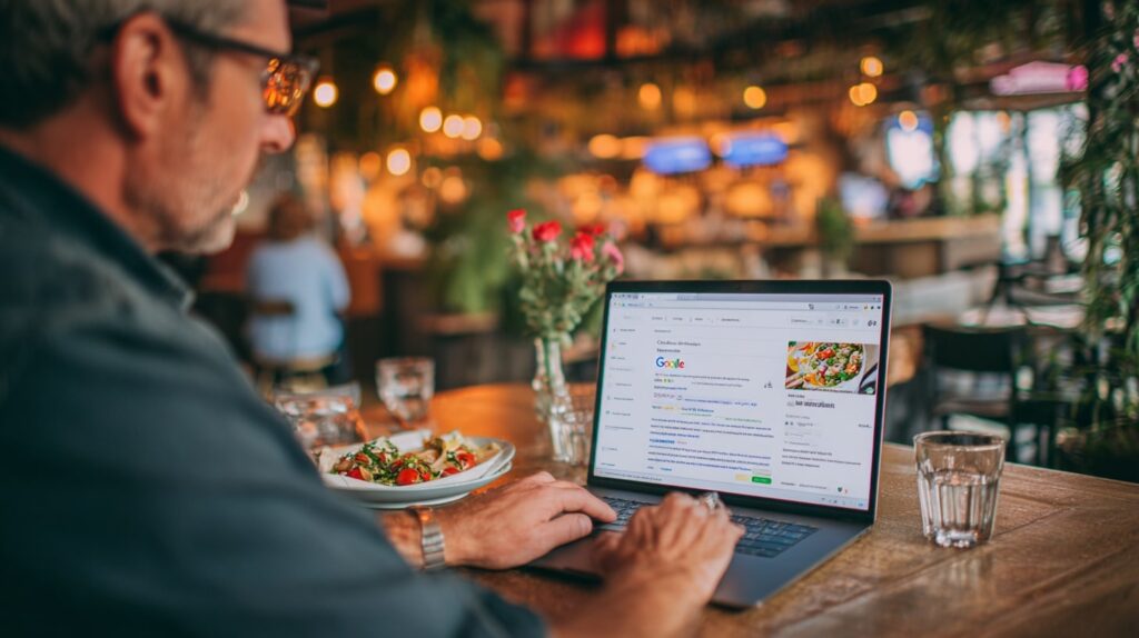 Restaurateur consultant sa fiche Google Business avec avis clients et photos