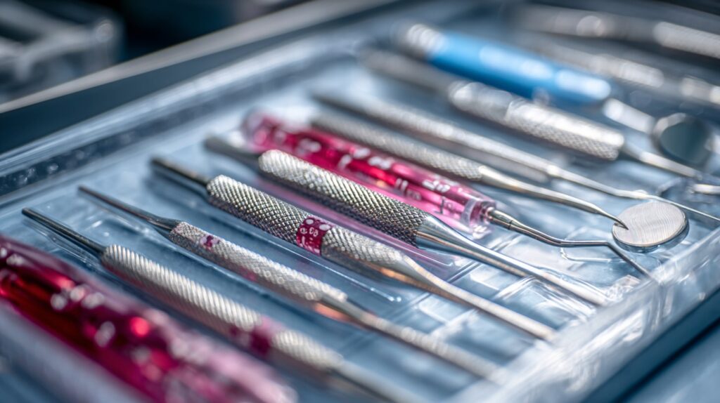 Dispositifs médicaux dentaires avec marquage CE bien visible sur un plateau stérile