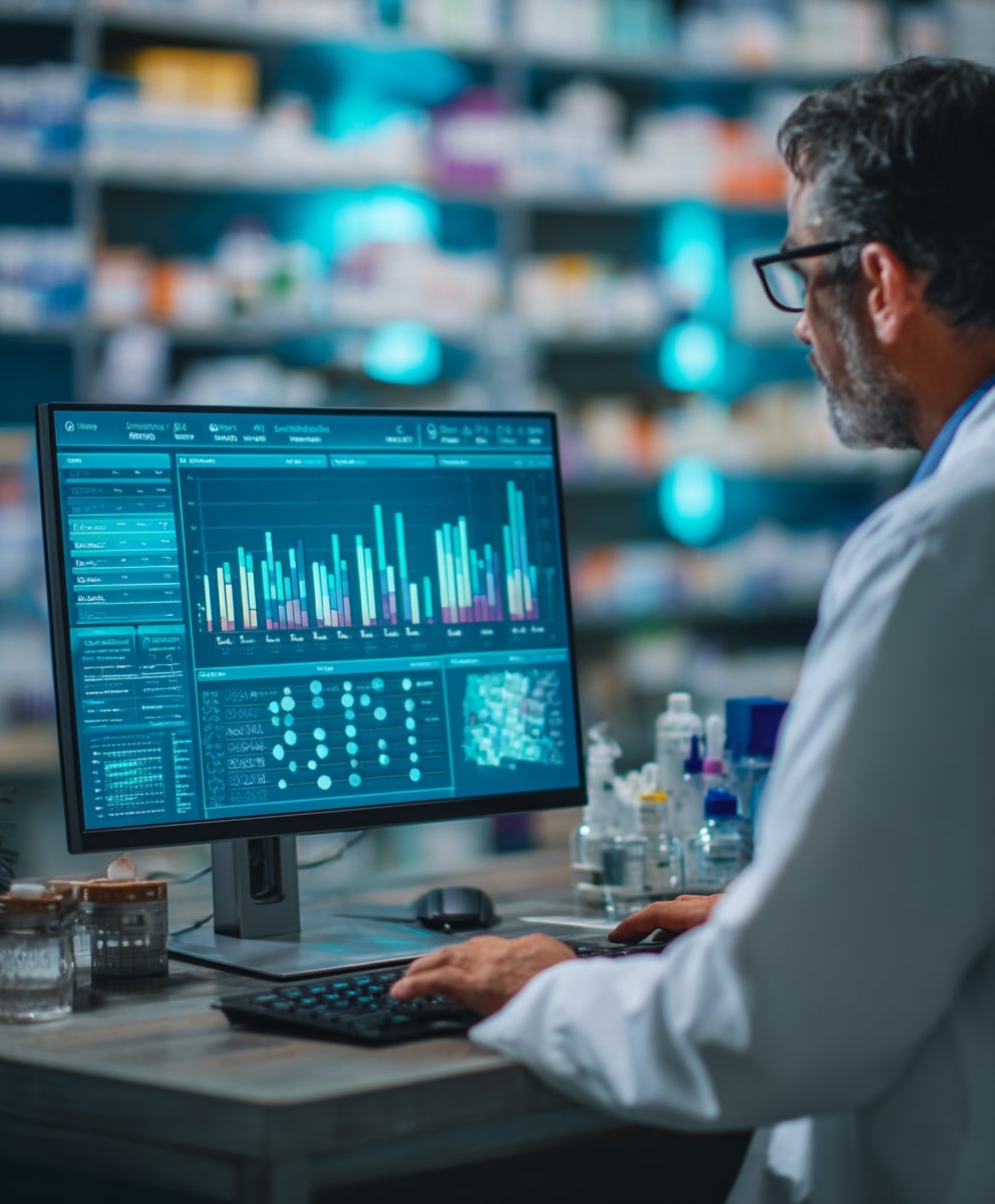Pharmacien consultant KPI un tableau de bord digital sur la marge par catégorie de produits en officine