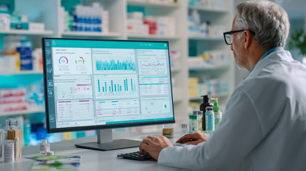 Pharmacien examinant les indicateurs de trésorerie et de BFR sur un écran de gestion