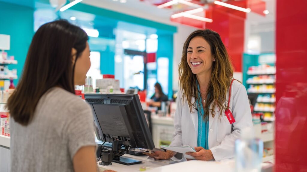 Pharmacien conseillant un client au comptoir pour augmenter le panier moyen