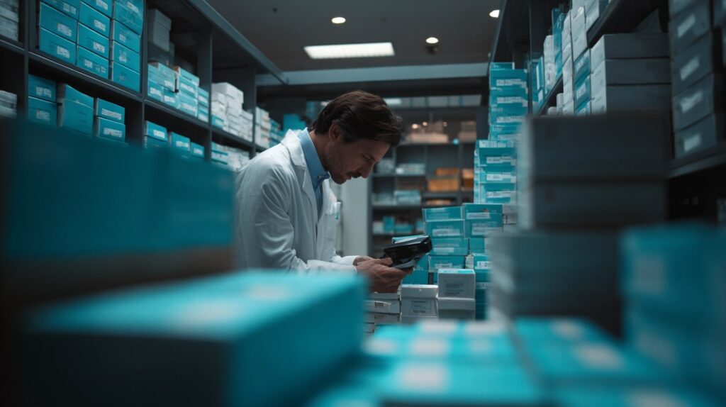 Pharmacien effectuant un audit de stock avec un scanner pour améliorer la rotation des produits pour les kpi