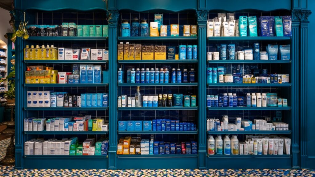 Rayons de pharmacie présentant un mix produit diversifié avec parapharmacie et OTC à forte marge