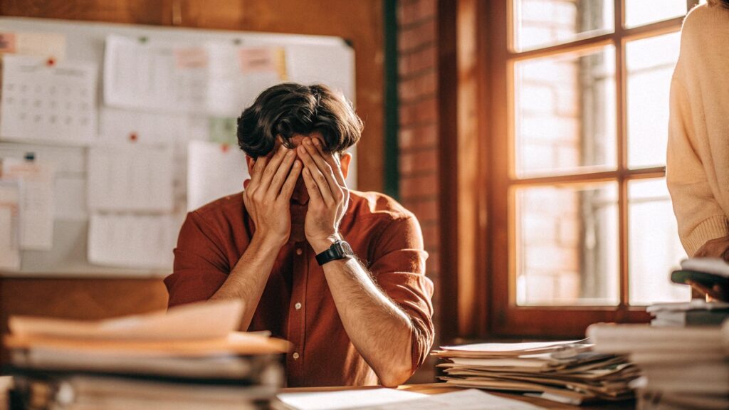 Homme stressé se tenant le visage dans un bureau encombré de dossiers et de papiers administratifs, illustrant la surcharge liée à une mauvaise gestion des notes de frais.