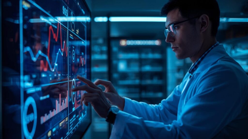 Pharmacien consultant les KPI de gestion de son officine