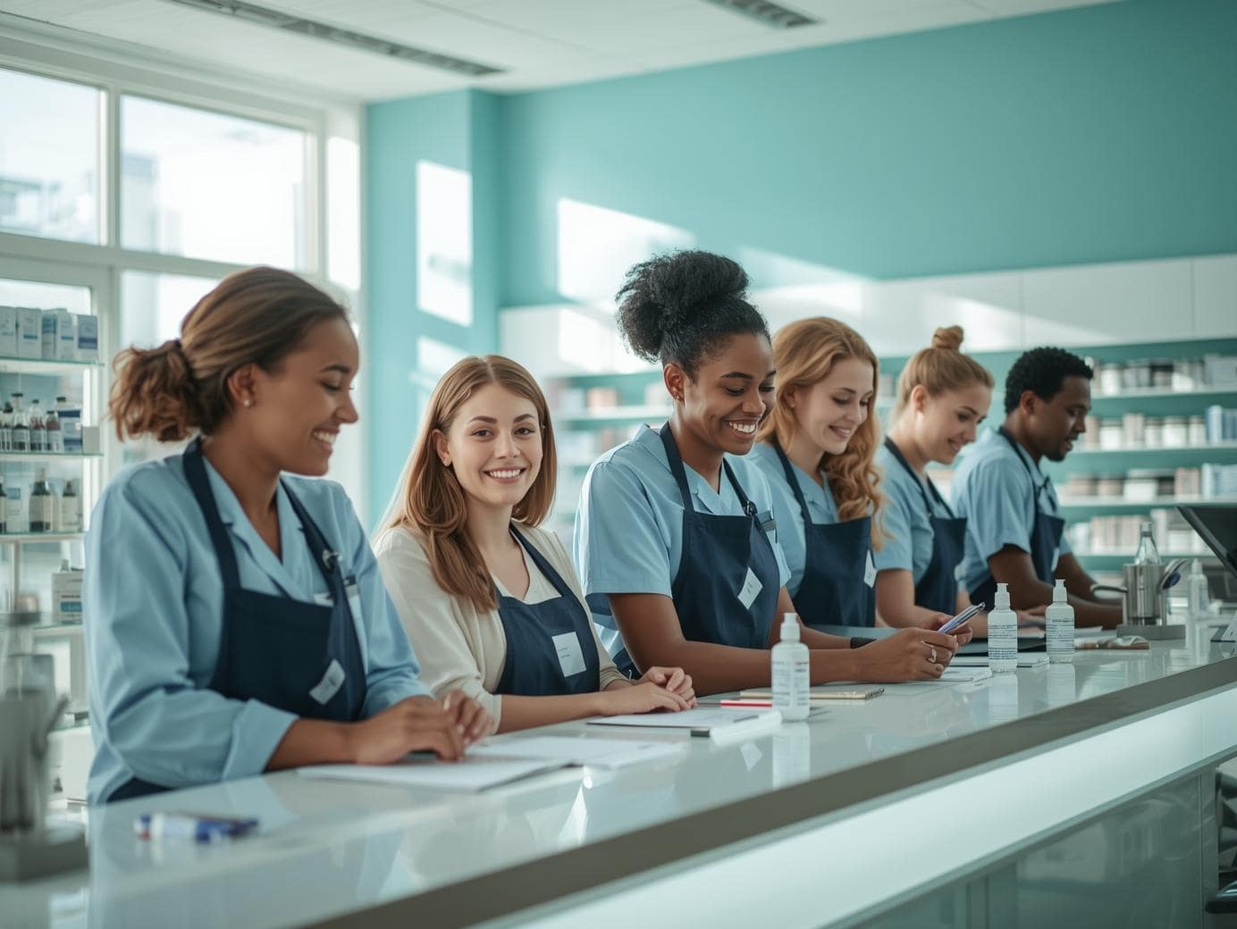 Équipe officinale en pleine collaboration dans une pharmacie moderne – QVCT pharmacie