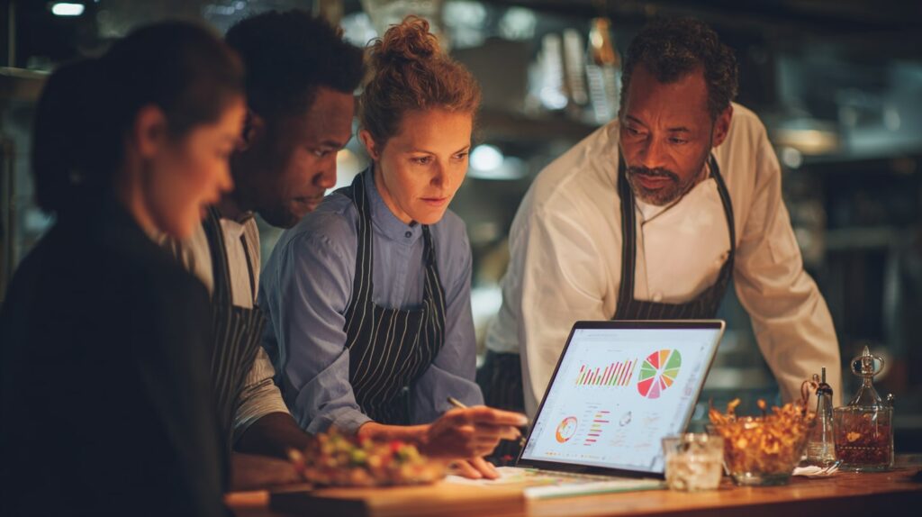 Réunion d’équipe en cuisine autour d’indicateurs de performance – tableau de bord restauration