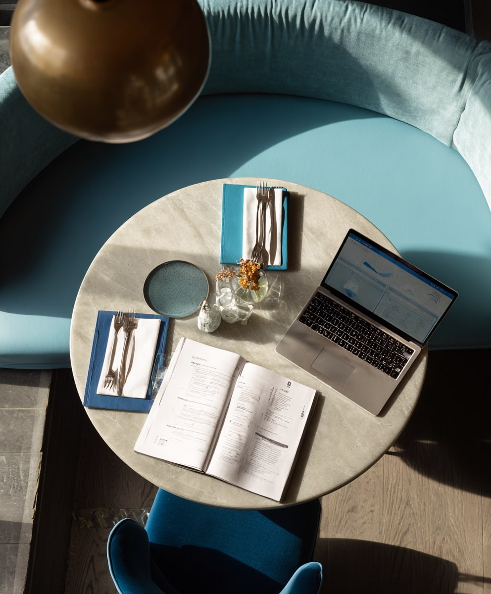 Ambiance de restaurant vide avec documents de gestion – rentabilité en coulisses