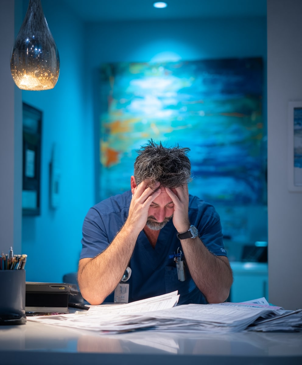 Chirurgien-dentiste libéral examinant ses finances dans son cabinet