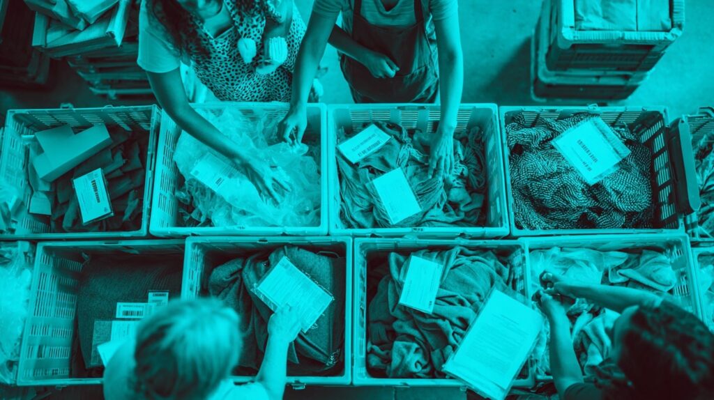 Bénévoles traitant des dons en nature dans une association — gestion des reçus