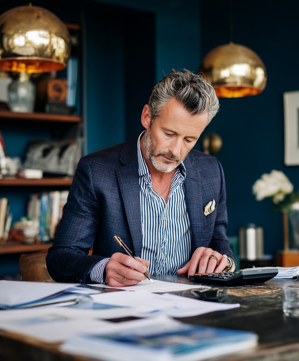 Homme calculant sa CDHR sur des documents fiscaux avec accents turquoise et bleu foncé.