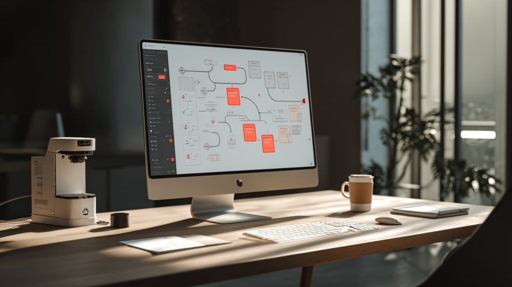 Illustration d’un écran montrant un workflow automatisé représentant un agent IA.