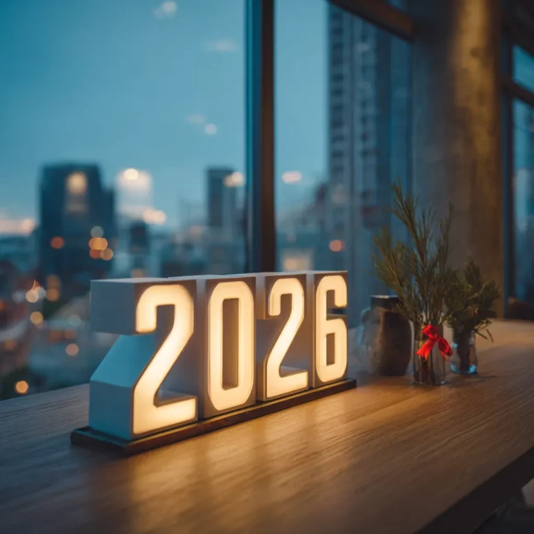 Ambiance de vœux professionnels 2026 dans des bureaux modernes, avec les chiffres 2026 illuminés symbolisant la nouvelle année stratégique voeux entrepreneur