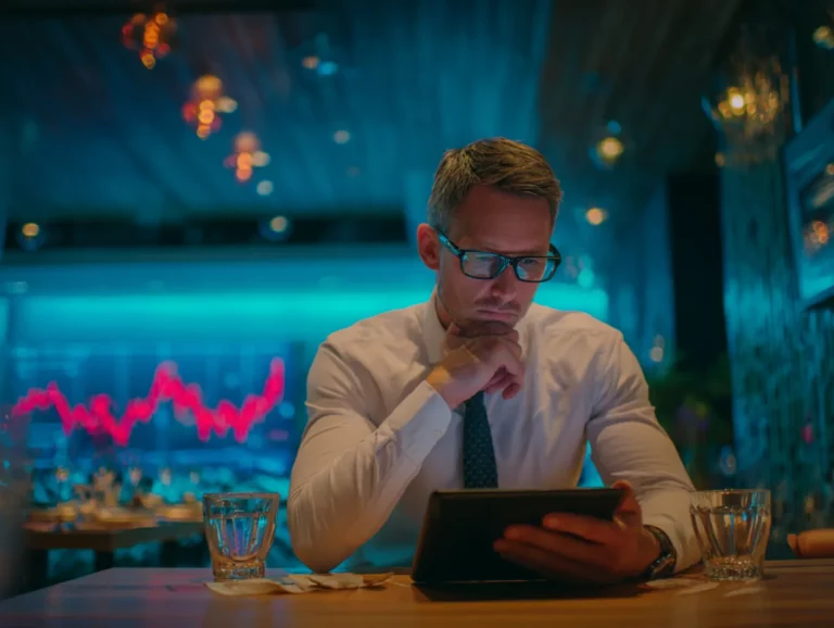 Gérant de restaurant analysant ses ratios financiers sur tablette dans une salle vide.