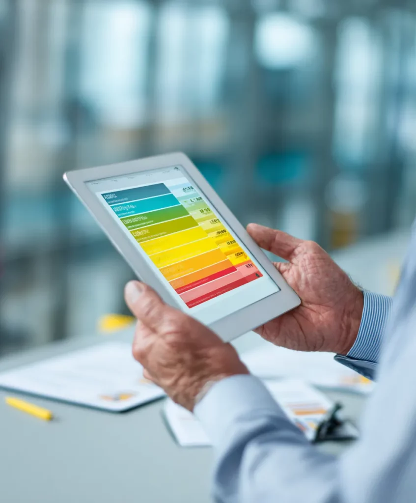Dirigeant consultant son DUERP numérique sur tablette pour le pilotage des risques.
