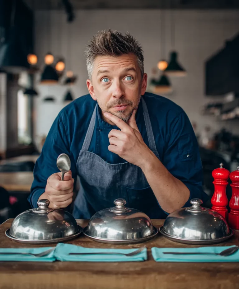 Chef cuisinier à l'air perplexe devant trois cloches de restaurant argentées fermées, hésitant à faire un choix, symbolisant le dilemme entre les différents statuts juridiques