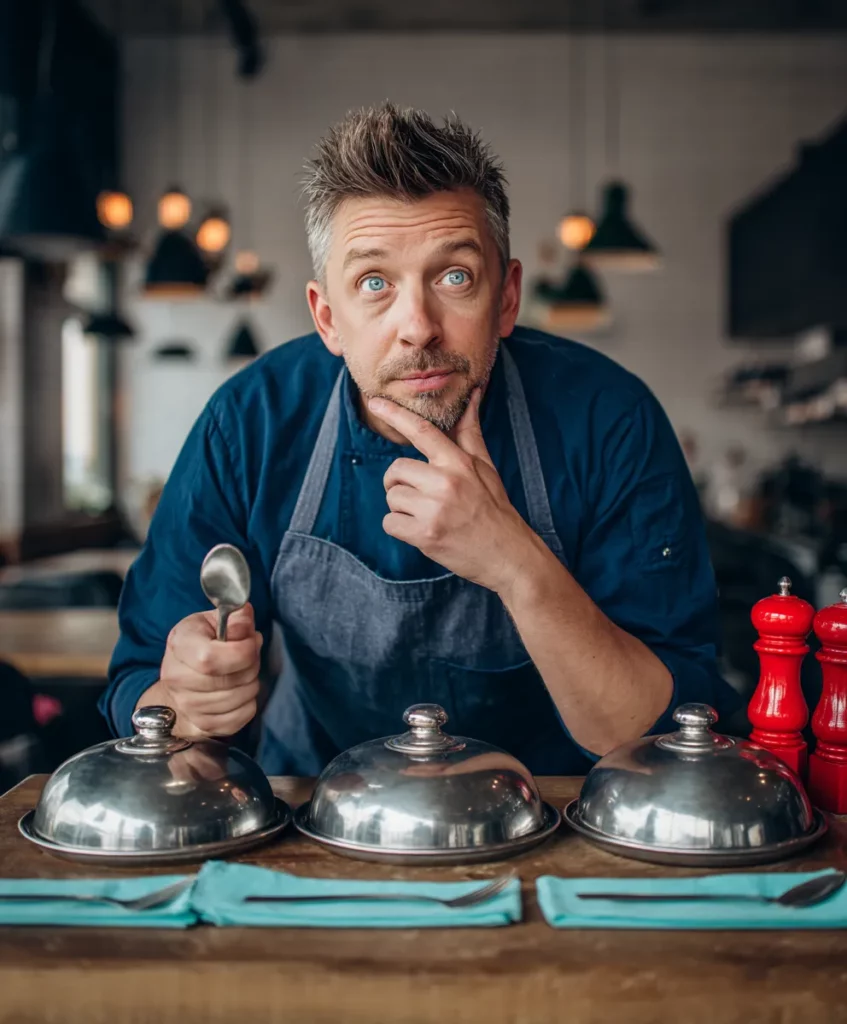 Chef cuisinier à l'air perplexe devant trois cloches de restaurant argentées fermées, hésitant à faire un choix, symbolisant le dilemme entre les différents statuts juridiques