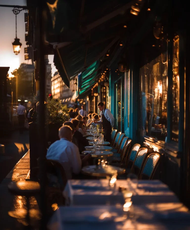 Restaurant français avec terrasse animée et smartphone affichant Google Maps