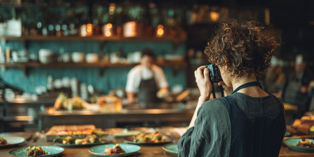 Table de restaurant avec menu imprimé et tableau de bord analytics sur ordinateur portable
