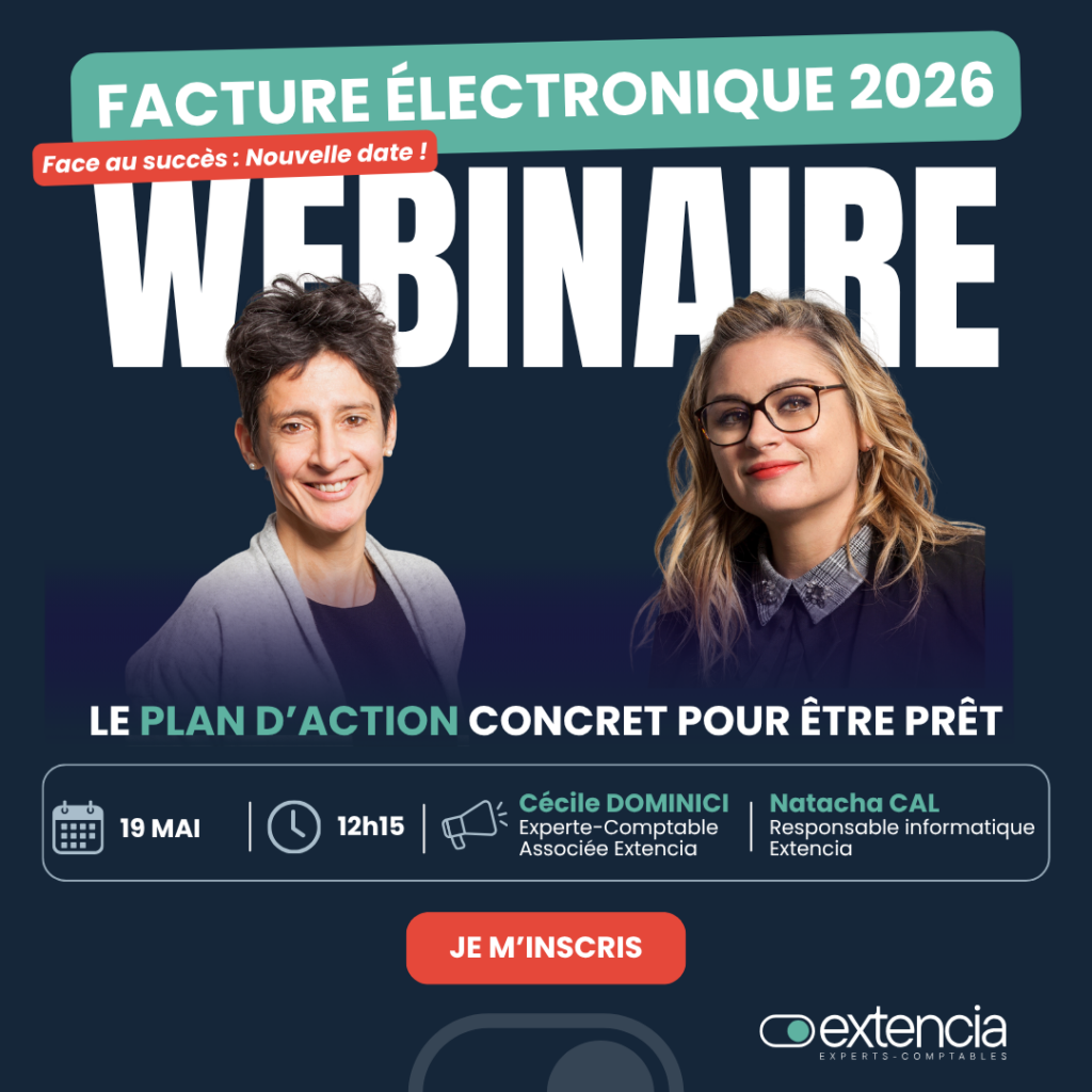 Affiche de l'événement : Webinaire sur la réforme de la facturation électronique. Session de rattrapage le 19 mai à 12h15. Intervenantes : Cécile Dominici, Expert-Comptable et Natacha Cal, Responsable Informatique. Thème : Passer de la théorie à la pratique pour maintenir votre fluidité administrative.