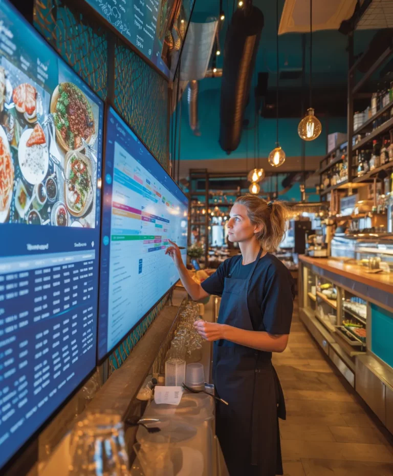 Responsable de restaurant activant la réservation Google sur un tableau de bord digital moderne