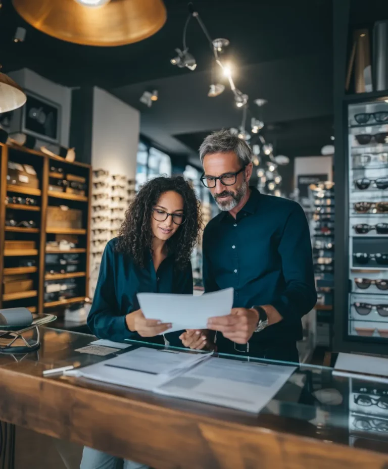Opticien expliquant le remboursement optique à un client en boutique