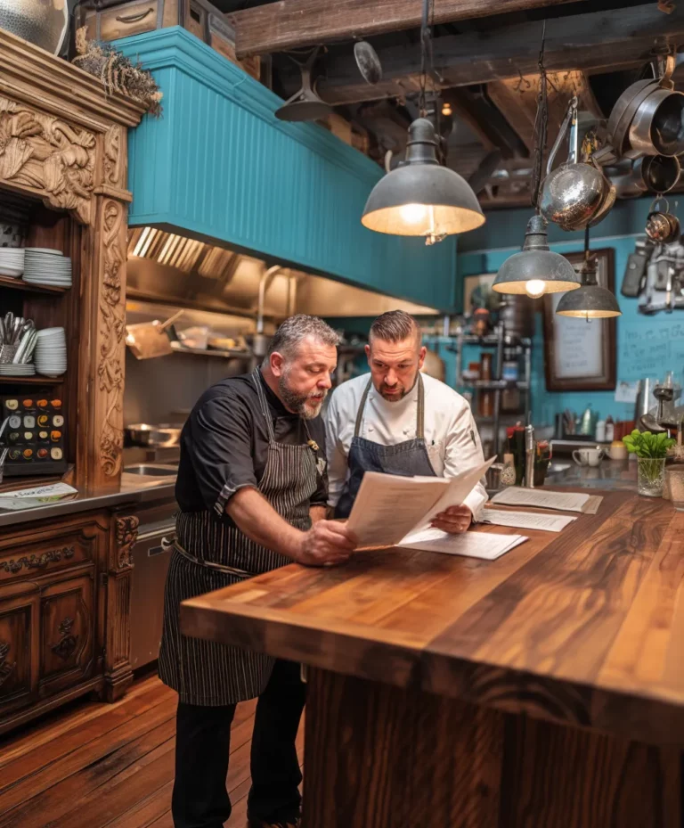 Chef et restaurateur analysant la rentabilité de leur carte — plats rentables restauration