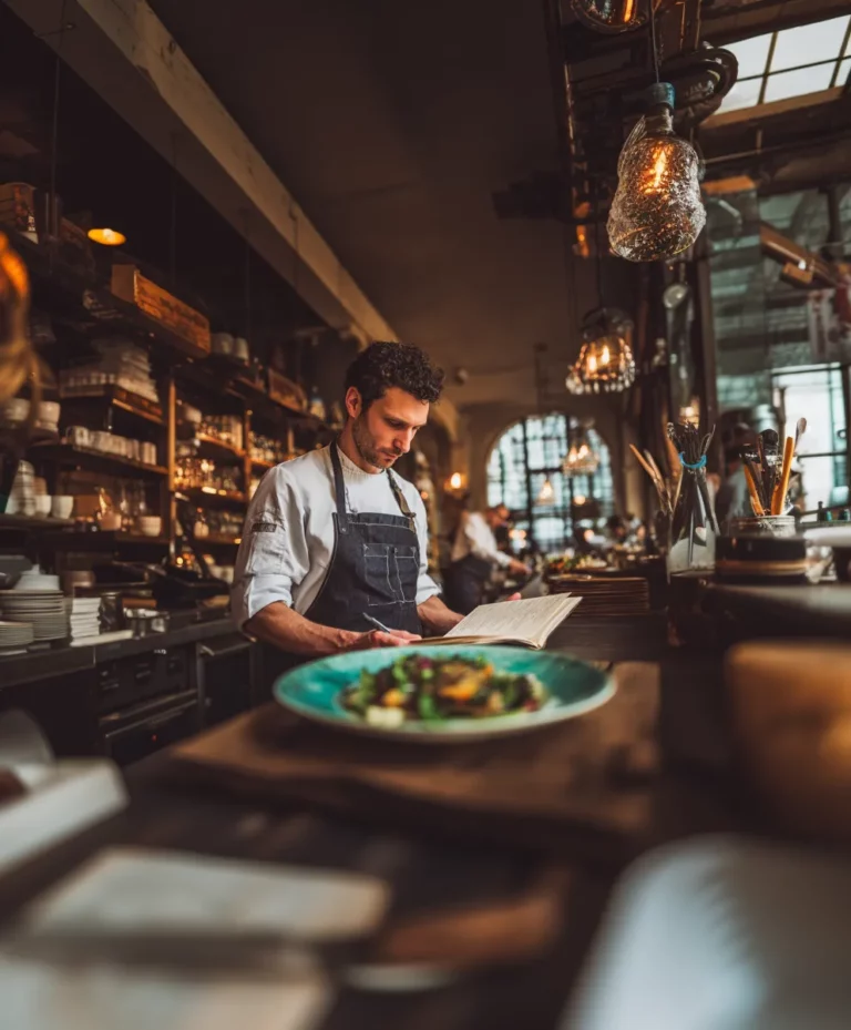 Chef et restaurateur analysant le menu engineering et la rentabilité de la carte d'un restaurant traditionnel en 2026.