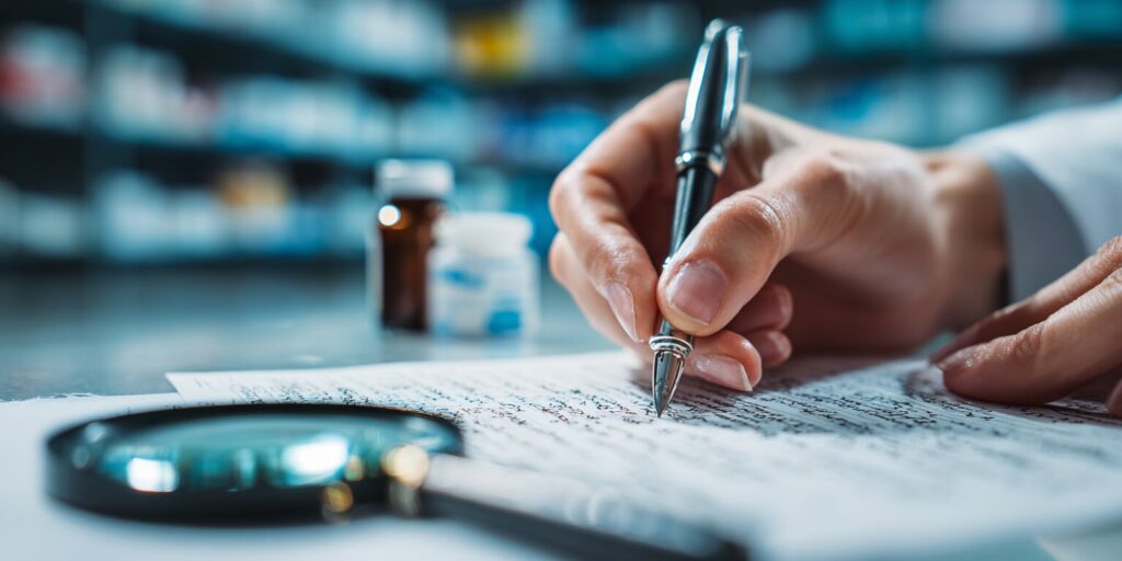 Pharmacien rédige une formule pour une préparation magistrale sur ordonnance nominative