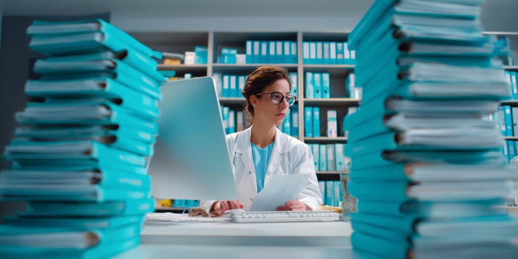 Pharmacien vérifiant les codes de remboursement AM d'une préparation magistrale — codes PMR PM4