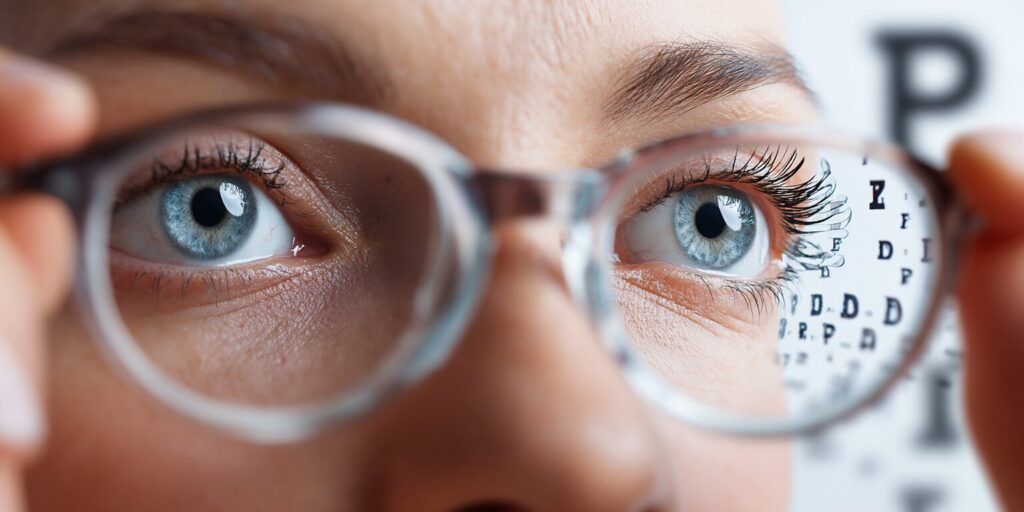 opticien réalisant un test d'acuité visuelle avec lunette d'essai