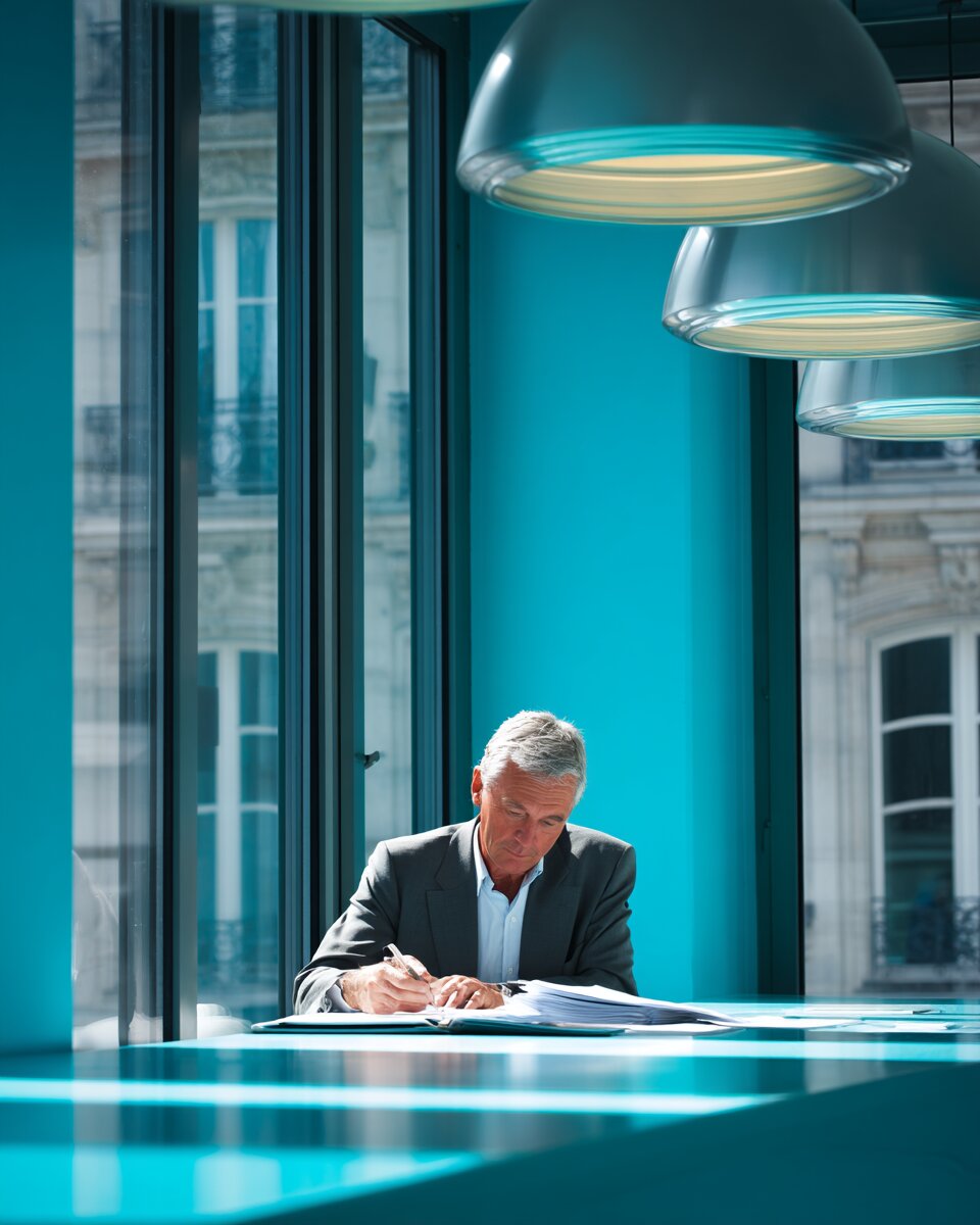 Expert-comptable analysant des documents de cotisations sociales dans un bureau moderne