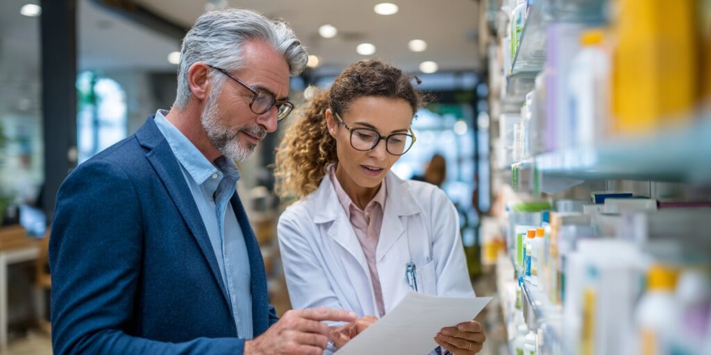 Consultation entre un pharmacien et un expert-comptable sur la réforme des cotisations sociales