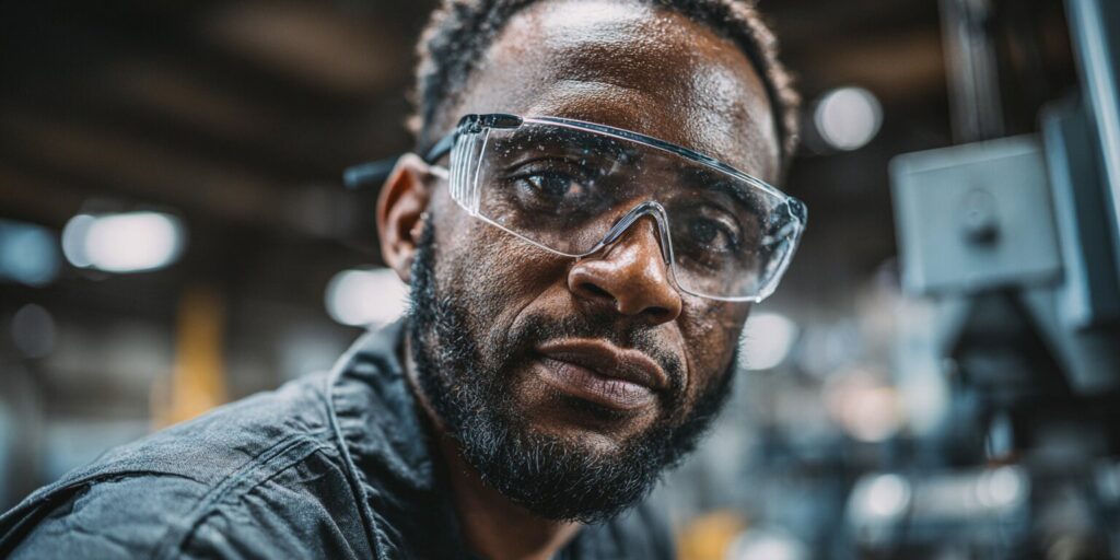 salarié portant des lunettes de sécurité avec correction EPI en milieu industriel