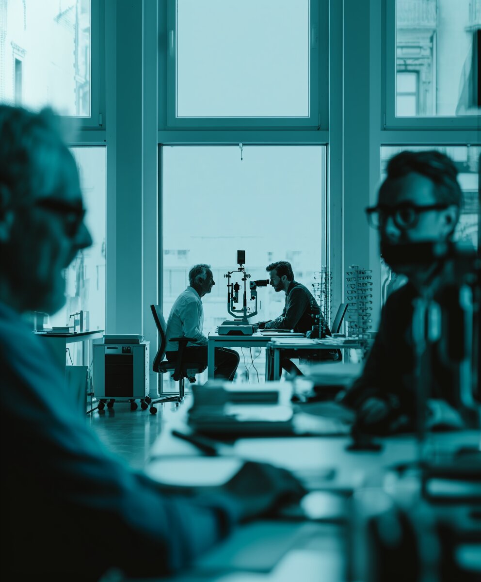 opticien réalisant un bilan visuel en entreprise dans un bureau moderne