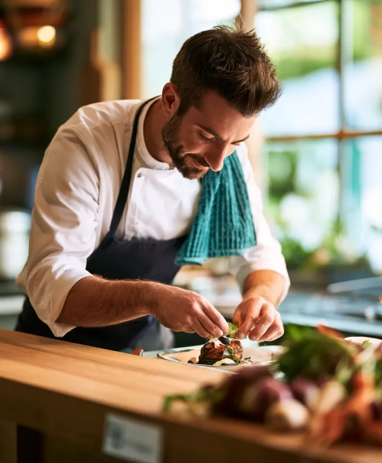 Chef français finalisant un plat fait maison dans une cuisine professionnelle moderne.