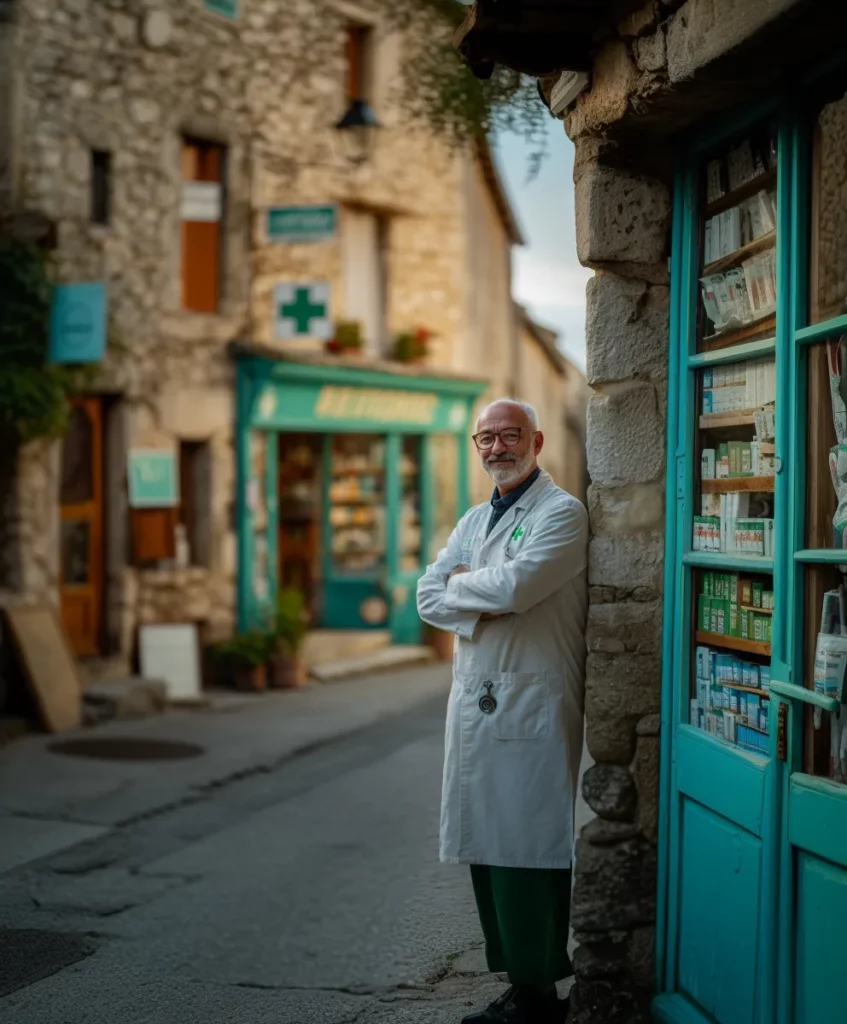 Pharmacien titulaire devant son officine rurale française en 2026.