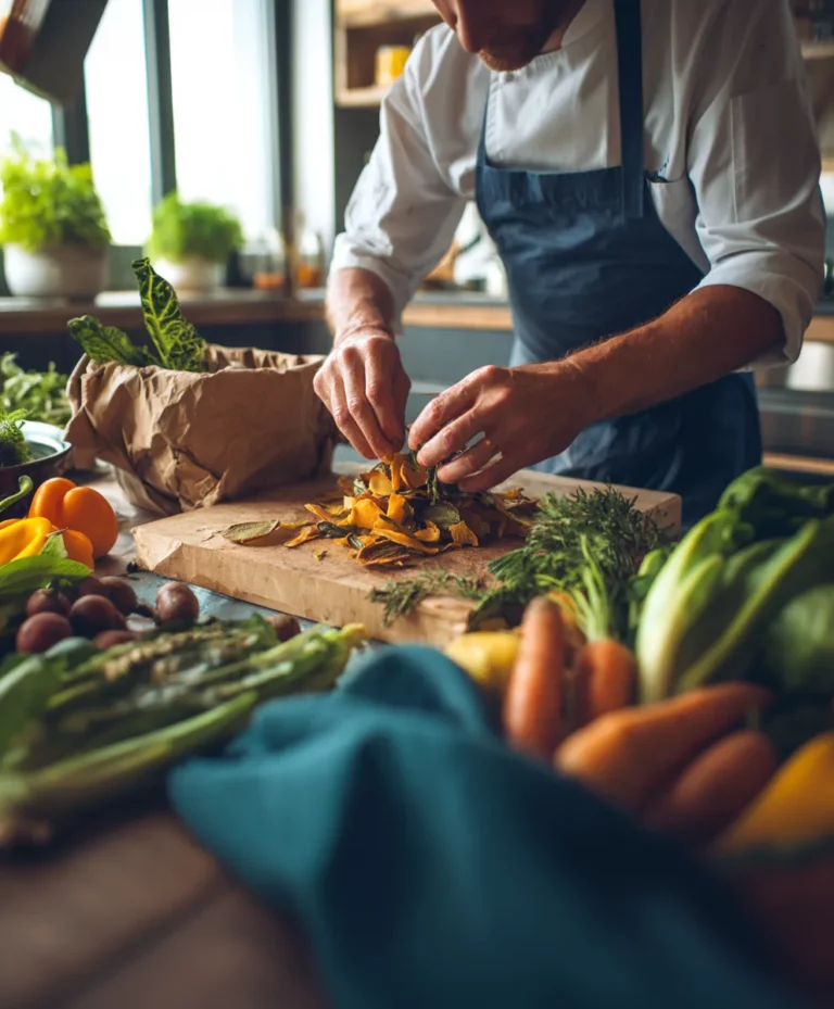 Chef de restaurant français triant les biodéchets en cuisine selon les obligations 2026.