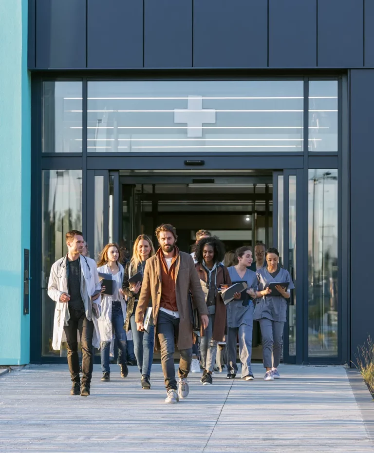 Maison de santé pluriprofessionnelle moderne — équipe médicale arrivant à la MSP en début de journée