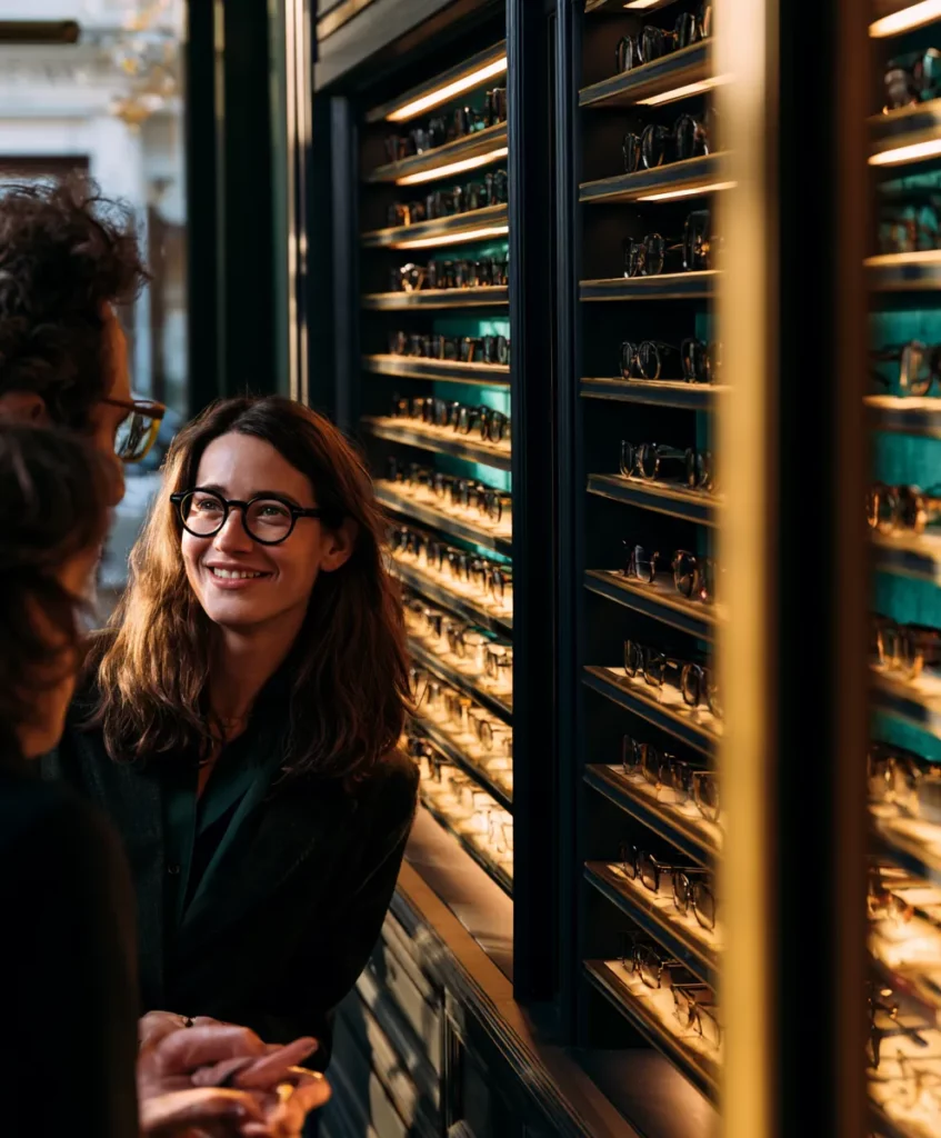 Opticien indépendant accompagnant un client dans le choix d'une monture haut de gamme dans une boutique moderne.