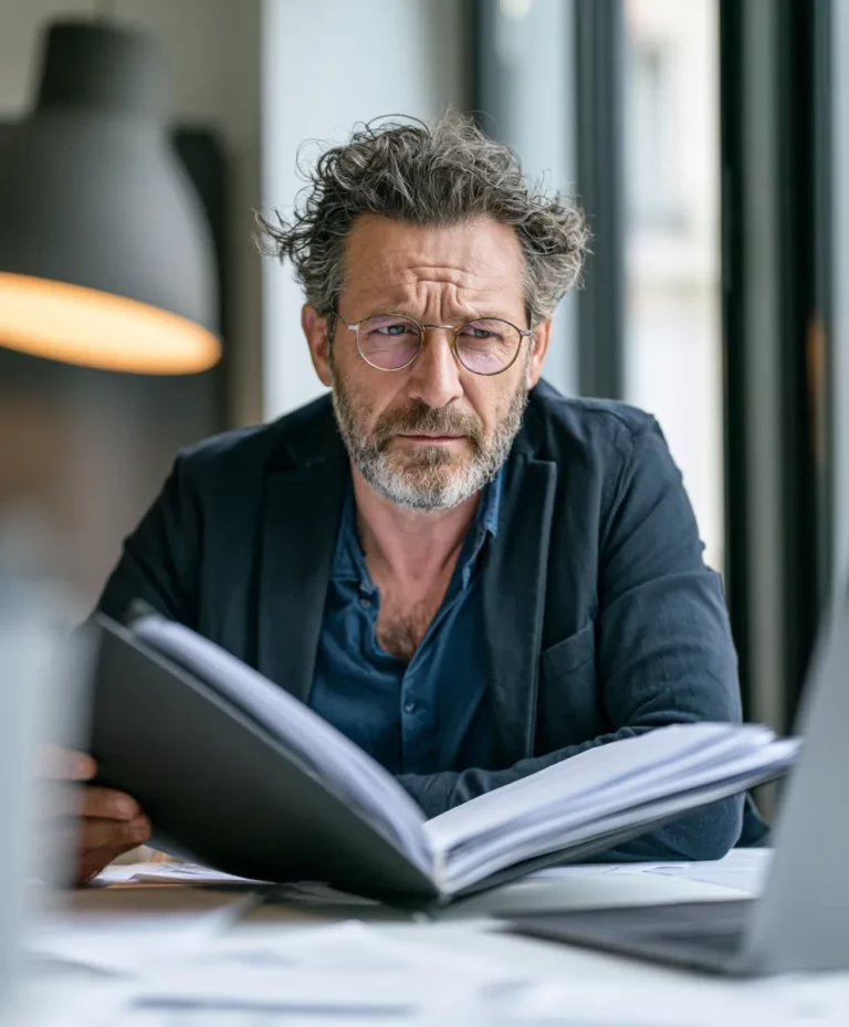 Repreneur examinant un dossier d'acquisition d'entreprise dans un bureau en France
