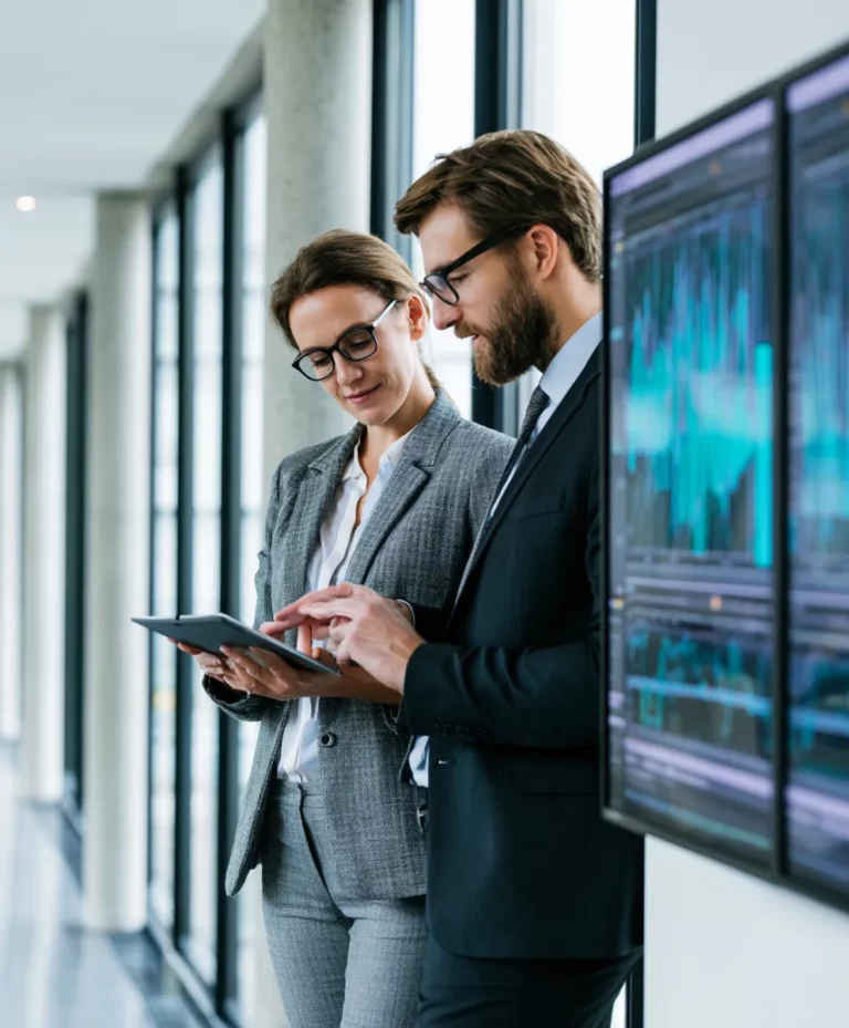 Dirigeant de PME et conseil M&A analysant la valorisation d'une entreprise dans un bureau contemporain