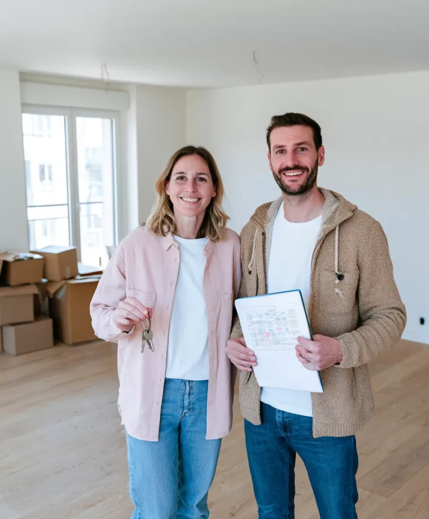 Couple d'investisseurs découvrant l'appartement locatif acquis sous le dispositif Jeanbrun